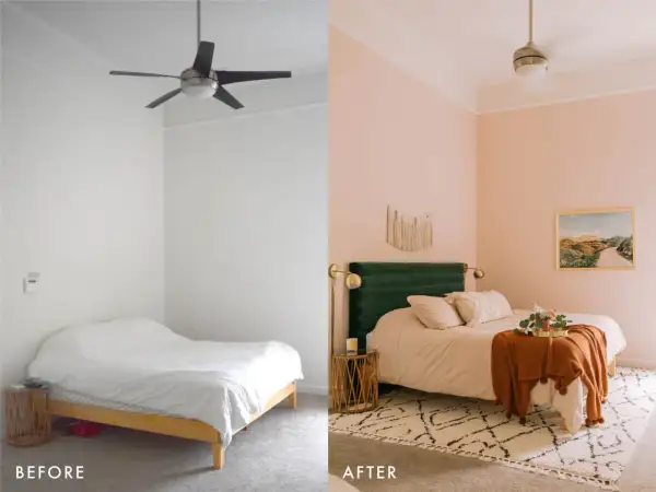 A budget bedroom makeover transforms a plain room with white walls and a simple bed into a cozy sanctuary with soft pink walls, a plush green headboard, and warm textiles.