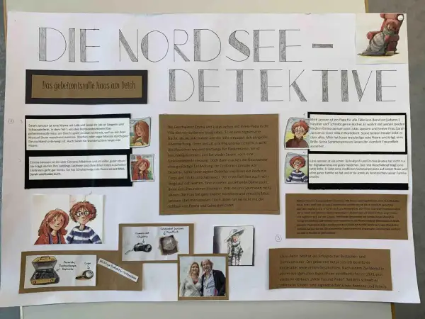 Ein Buchvorstellung Plakat über die Nordsee-Detektive. Zeigt Charaktere, ihre Eltern und wichtige Detektiv-Utensilien.