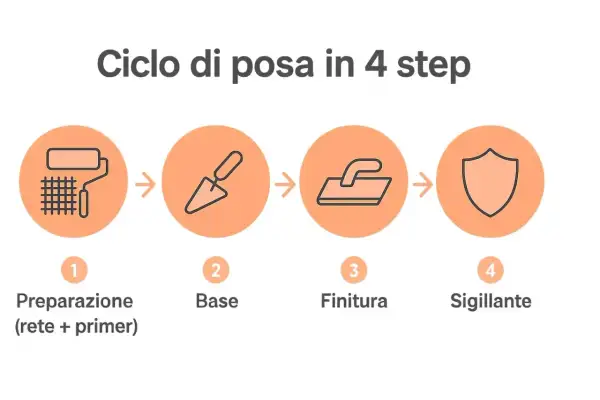 Ciclo di posa in 4 step per un pavimento microcemento: preparazione, base, finitura e sigillante.