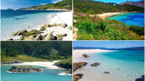 Cuatro impresionantes playas gallegas, parte de las 20 mejores playas de Galicia, con aguas cristalinas y paisajes verdes.