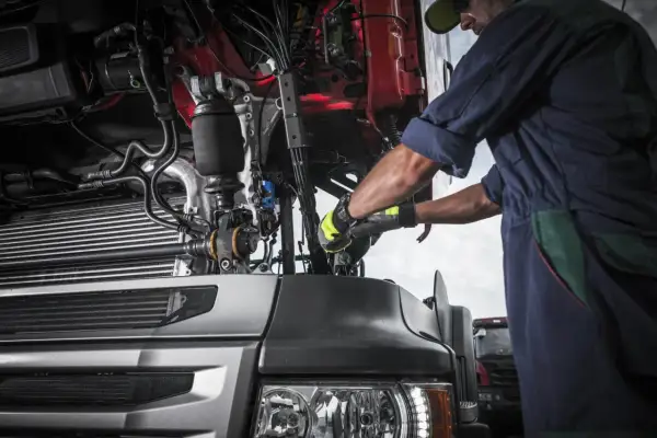 Mécanicien travaillant sur le moteur d'un camion, assurant la conformité avec la réglementation du contrôle technique poids lourds.