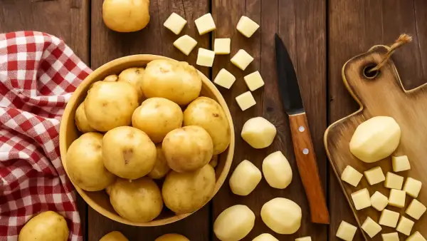 Patatas enteras y cortadas en cubos sobre una mesa de madera. ¡Un snack saludable que los perros pueden comer patata cocida!