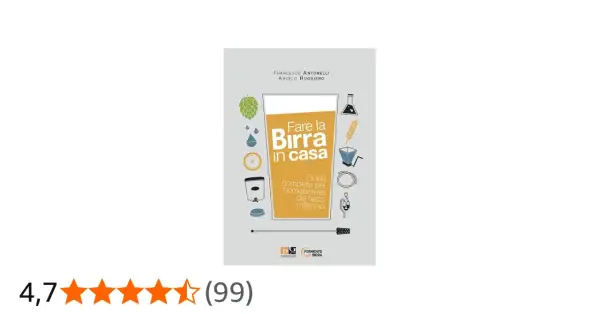 Copertina del libro "Fare la Birra in casa", guida completa per homebrewer. Illustrazioni di luppolo, chicchi, attrezzature e un bicchiere di birra.