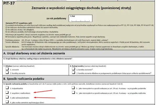 Formularz PIT-37, sekcja B. Sposób rozliczenia podatku. Wybór opcji: wspólnie z małżonkiem lub jako wdowa/wdowiec.