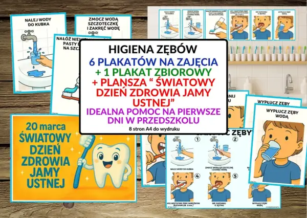 Zestaw materiałów edukacyjnych o higienie jamy ustnej dla przedszkolaków. Plakaty pokazują krok po kroku, jak prawidłowo myć zęby.