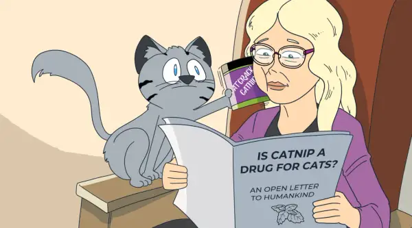 A cat holds a "Cat Crack" container while a woman reads a paper titled "Is Catnip a Drug for Cats?".