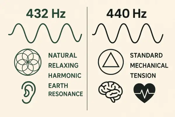 Confronto tra onde sonore: 432 Hz (naturale, rilassante, armonica, risonanza terrestre) e 440 Hz (tensione meccanica standard). Scopri i benefici della musica 432 Hz.