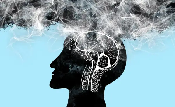 Silhouette di un profilo umano con un cervello disegnato all'interno. Fumo bianco vorticoso suggerisce la paura dei propri pensieri.