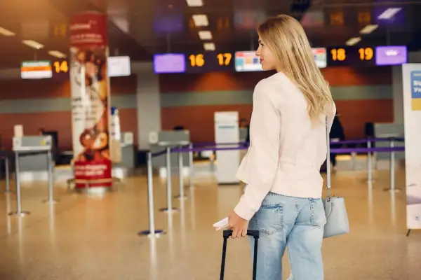 Kobieta z walizką i biletami czeka na odprawę na lotnisku w Katowicach. W tle widać tablice z numerami stanowisk.