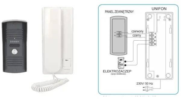 Schemat podłączenia domofonu Zorno. Dowiedz się, jak zresetować domofon, podłączając panel zewnętrzny do unifonu i zasilania.