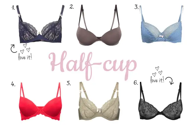 Kolekcja biustonoszy half cup: granatowy koronkowy, cielisty, w kropki, czerwony, khaki i czarny.
