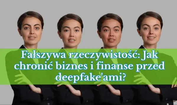 Cztery identyczne kobiety w garniturach. Tekst: "Fałszywa rzeczywistość: Jak chronić biznes i finanse przed deepfake'ami?".