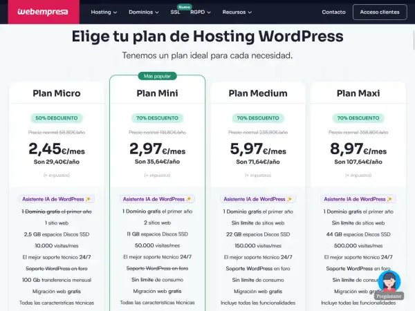Planes de hosting WordPress con precios desde 2,45€/mes, ideales para crear tu web. ¡Encuentra los mejores servidores para páginas web gratis!