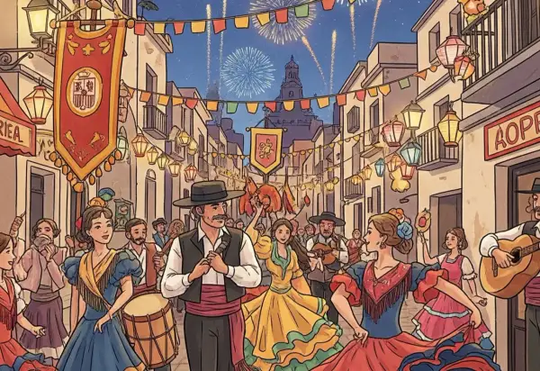 Gente celebra las fiestas mayores en una calle adornada con farolillos y fuegos artificiales. Bailarines y músicos animan la noche.