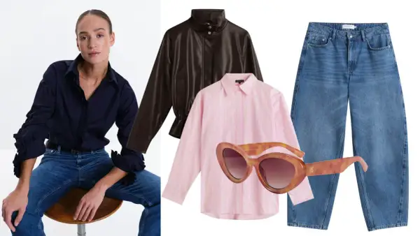 En modell visar upp en mörkblå skjorta med volanger, jeans och ett bälte. Bredvid syns en brun jacka, en randig rosa skjorta och ett par solglasögon. Herrmode inspiration för en stilfull look.