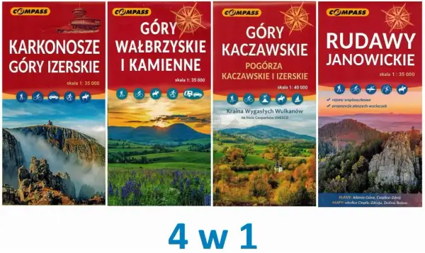 Mapy Karkonoszy, Gór Izerskich, Wałbrzyskich, Kaczawskich i Rudaw Janowickich. Różnica między Karkonoszami a Rudawami pod kątem infrastruktury widoczna w ikonach aktywności.