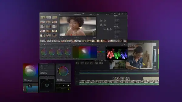 DaVinci Resolve vs Studio: A split screen showcasing DaVinci Resolve's editing interface, color grading tools like the Color Warper and HDR Color Wheels, and visual effects.
