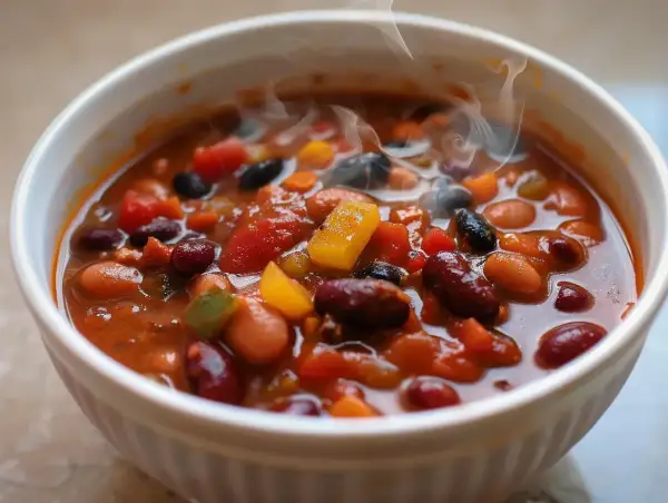 En ångande skål med en mustig vegetarisk gryta, full av bönor och grönsaker. Perfekt för en kall dag.