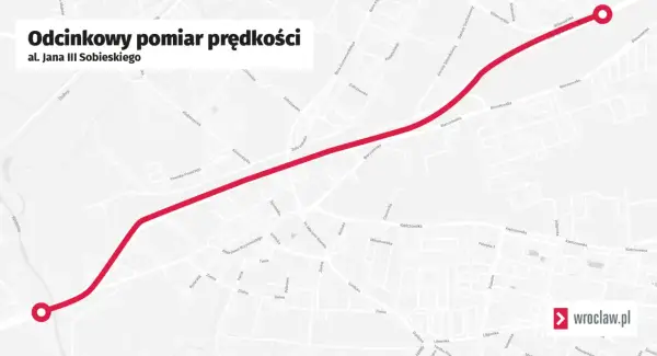 Mapa pokazuje, gdzie są odcinkowe pomiary prędkości na al. Jana III Sobieskiego we Wrocławiu.