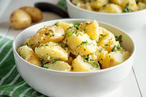 Una ciotola bianca piena di saporita insalata di patate napoletana, condita con prezzemolo fresco e aglio.