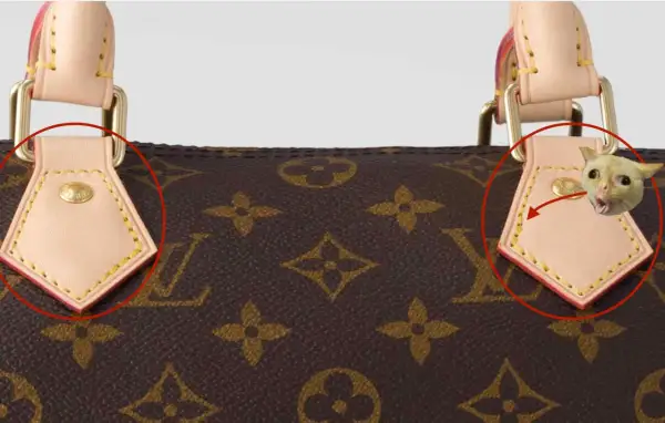 Gros plan sur le **cuir Louis Vuitton** d'un sac, avec un chaton surpris qui regarde par-dessus.