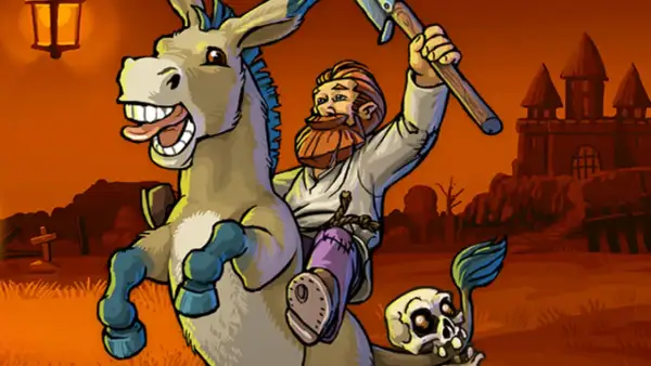 Zabawny osioł z czaszką na ogonie i brodaty mężczyzna z siekierą, jakby z gry Graveyard Keeper poradnik.