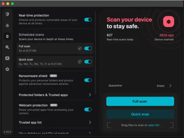 Interfejs programu antywirusowego. Widoczne opcje: "Real-time protection", "Scheduled scans", "Full scan", "Quick scan", "Ransomware shield". Po prawej stronie przycisk "Scan your device to stay safe", "Full scan", "Quick scan". Pomaga to sprawdzić, ja...