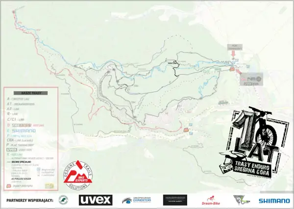 Mapa tras rowerowych w Srebrnej Górze. Oznaczono tu liczne szlaki, w tym "Conditor Line", "Dreamworkers" i "Shimano".