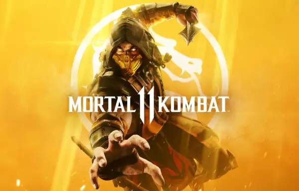 Scorpion w akcji, gotowy do walki w Mortal Kombat 11. W tle logo gry i symbol smoka.