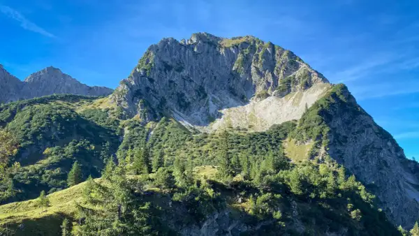 Sonnenbeschienene Hänge und felsige Gipfel prägen die Landschaft bei einer rubihorn wanderung. Grüne Nadelbäume und Almwiesen unter blauem Himmel.