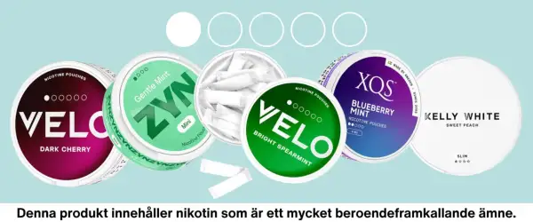 Flera burkar med nikotinpåsar som Velo, Zyn, XQS och Kelly White. Jämförelse mellan nikotinpåsar vs snus.