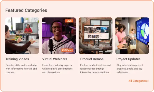 Featured categories include training videos, virtual webinars, product demos, and project updates, all managed by a video library manager.