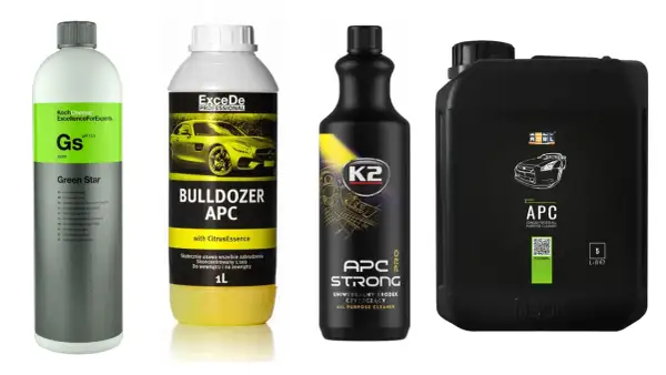 Cztery butelki i kanister z APC do plastiku i innych powierzchni. Koch Chemie Green Star, ExceDe Bulldozer APC, K2 APC Strong, ADBL APC.