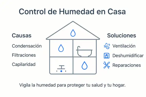 Diagrama de casa con causas (condensación, filtraciones, capilaridad) y soluciones (ventilación, deshumidificar, reparaciones) para el tratamiento de humedades en viviendas.