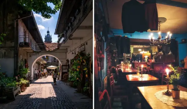 Kraków: urokliwa uliczka z kawiarnią i klimatyczny pub z kameralną atmosferą, idealne kraków atrakcje dla dorosłych.