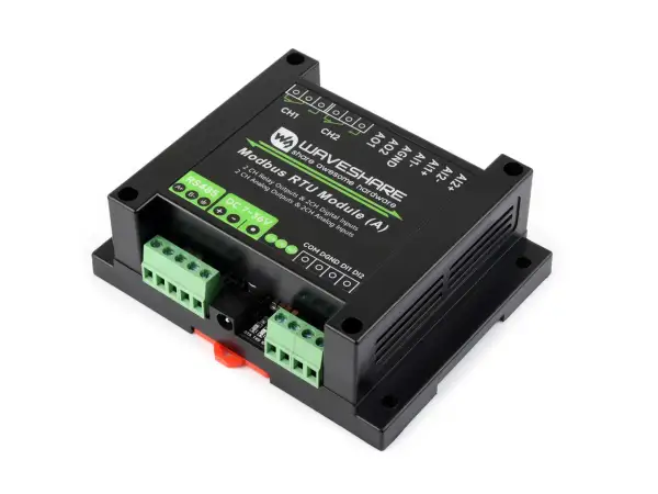 Moduł Waveshare z interfejsem RS485, obsługujący protokół Modbus RTU. Posiada 2 wyjścia przekaźnikowe, 2 wejścia cyfrowe, 2 wyjścia analogowe i 2 wejścia analogowe.