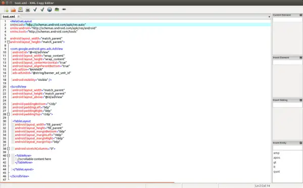 Edytor kodu XML pokazuje, jak otworzyć plik XML z kodem Android Layout. Widoczne są tagi takie jak RelativeLayout, ScrollView i TableLayout.