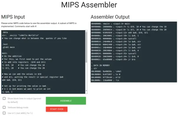 Interfejs MIPS Assembler z polem na kod i jego przetworzeniem. Widoczny jest kod w języku skryptowym MIPS i jego wynik.