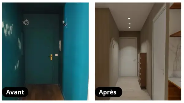 Avant/Après : un couloir étroit transformé. Le mur bleu vif laisse place à des tons neutres et apaisants, avec un éclairage moderne.