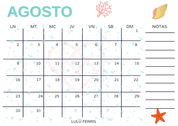 Calendario de agosto con diseño de burbujas y elementos marinos.