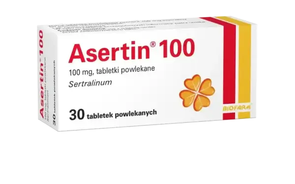 Opakowanie leku Asertin 100, zawierającego sertralinę. 30 tabletek powlekanych.