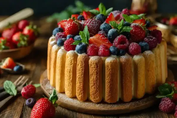 Charlotte aux fruits, un délice visuel et gustatif, ornée de fraises, framboises et myrtilles fraîches, sur un lit de crème onctueuse.