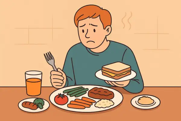 Jongen met autisme kijkt sip naar een bord vol groenten en vlees, terwijl hij een boterham vasthoudt. Eten kan een uitdaging zijn.