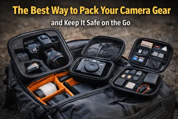Learn how to pack a camera bag with this organized setup, featuring a DSLR, lenses, a compact camera, and accessories like memory cards and batteries.