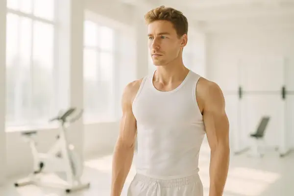 Uomo muscoloso in canottiera bianca in una palestra luminosa, pronto per un allenamento a digiuno.