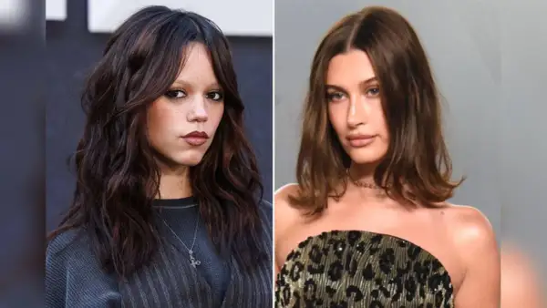 Zwei Frauen mit verschiedenen Haarschnitten: Jenna Ortega mit langen, welligen dunklen Haaren und Hailey Bieber mit schulterlangem, glattem braunem Haar.