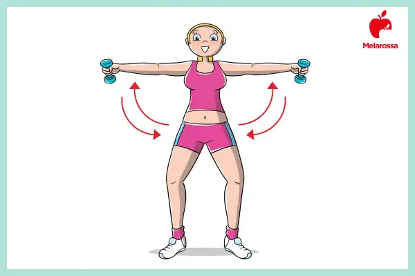 Donna con manubri che esegue un esercizio per i muscoli braccia donne. Movimento circolare con frecce rosse.
