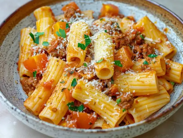 En skål med rigatoni pasta med en mustig salsiccia-sås, toppad med riven parmesan och färsk persilja.