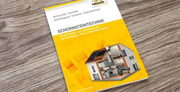 Broschüre zeigt ein Haus im Querschnitt, das die Funktion eines Schornsteins erklärt. Was ist ein Schornstein? Hier erfahren Sie mehr.