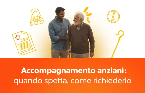 Giovane uomo aiuta un anziano a camminare. Illustrazioni di medico, documenti e bastone da passeggio suggeriscono un accompagnamento anziani senza 104.
